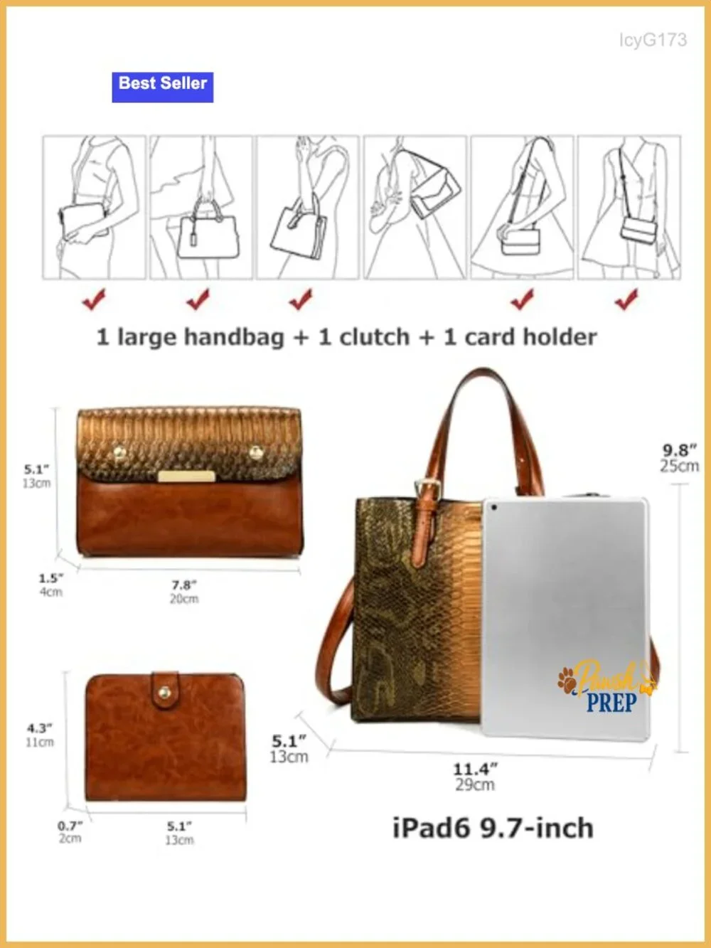 Women's Crocodile Pattern Satchel Handbags Stylish Tote 3 Pcs Set Vegan Leather